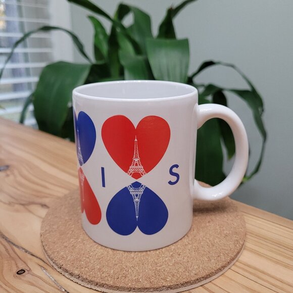 Paris France Eiffel Tower Coffee Mug With Hearts 10 oz Blue Red - Picture 1 of 5